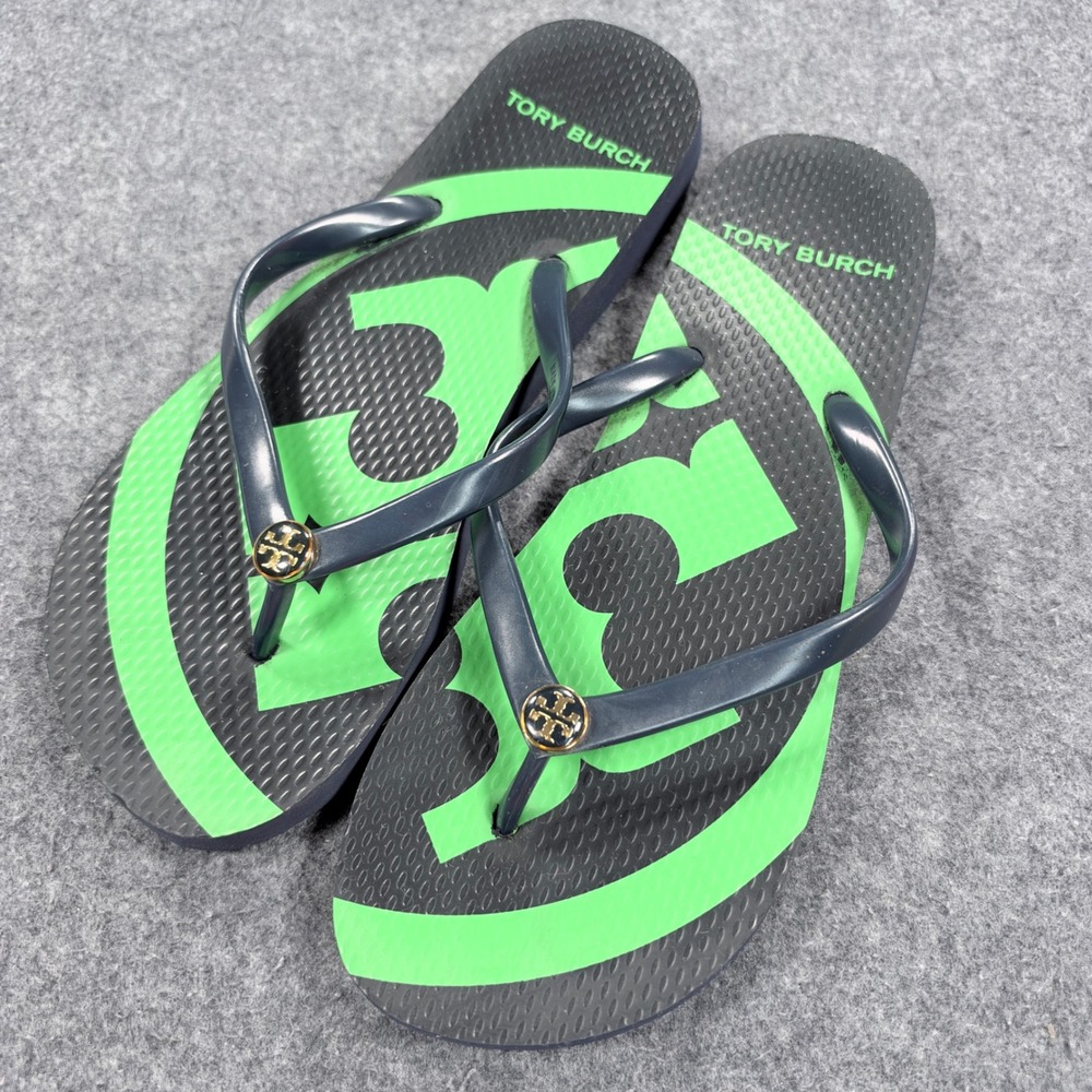 Tory Burch Thin Flip Flop Sandals Navy Green Double T Logo Gold Medallion 7
